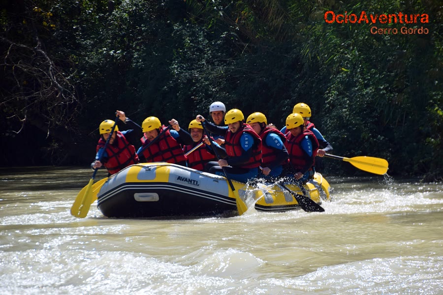 Equipo de rafting remando por el rio